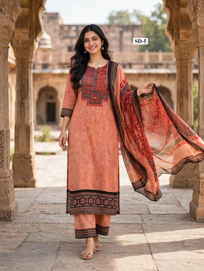 Wholesale SD-5 Peach Chevron Yoke 3 Pcs Suit - Alternate Pose | The Wardrobe Fabrics