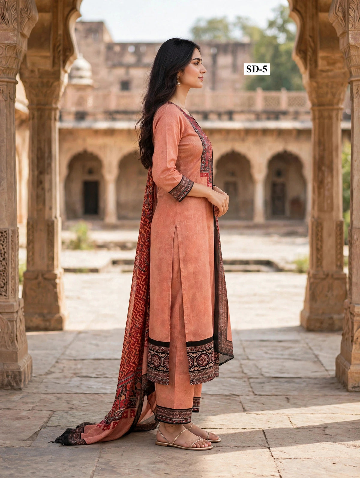 Wholesale SD-5 Peach Chevron Yoke 3 Pcs Suit - Side View | The Wardrobe Fabrics