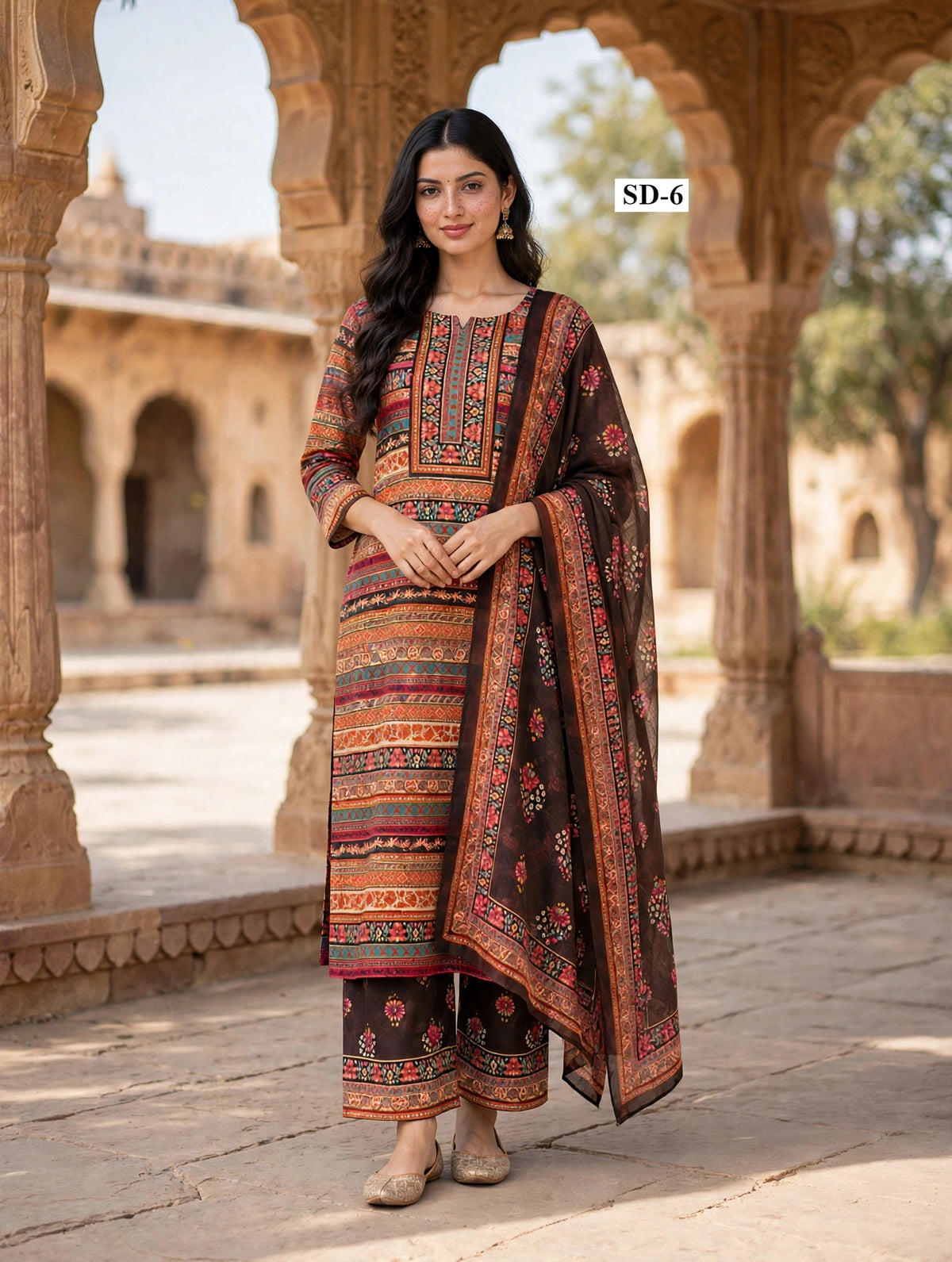 Wholesale SD-6 Multicolor Stripe Yoke 3 Pcs Suit - Semi Muslin | The Wardrobe Fabrics
