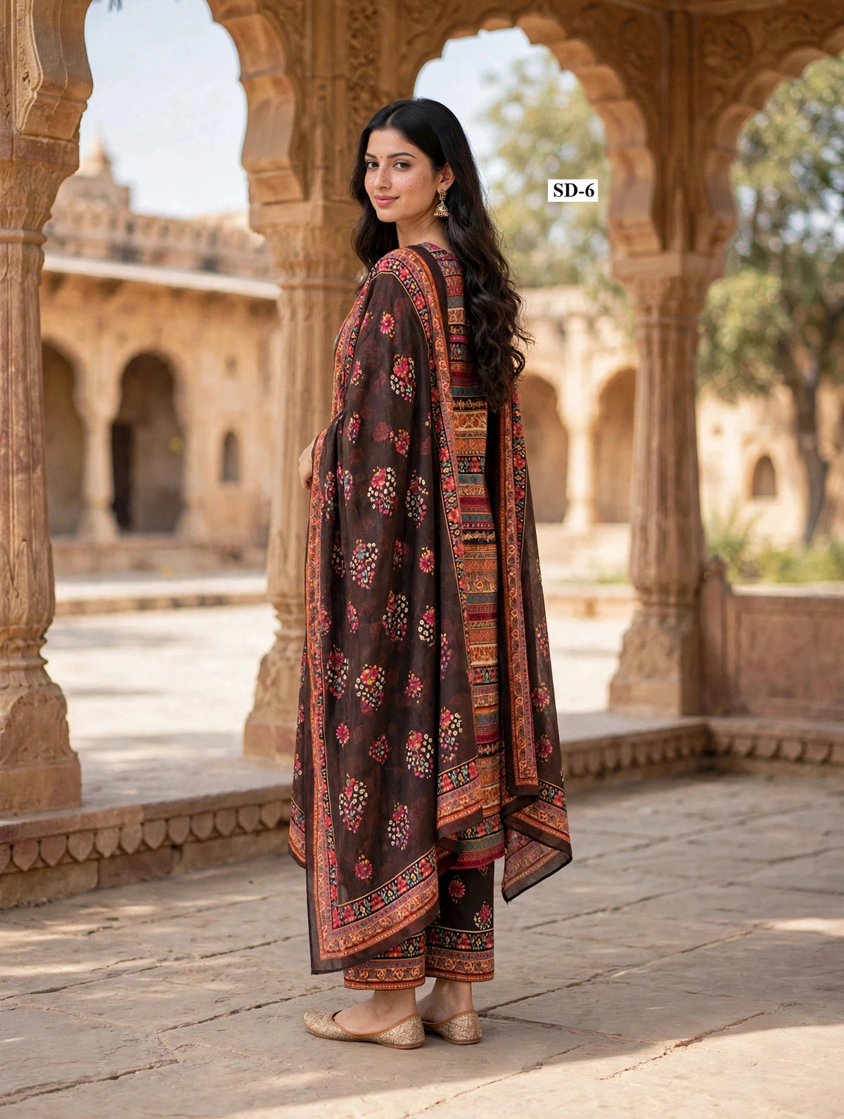 Wholesale SD-6 Multicolor Stripe Yoke 3 Pcs Suit - Alternate Pose | The Wardrobe Fabrics