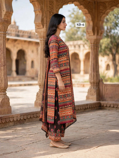 Wholesale SD-6 Multicolor Stripe Yoke 3 Pcs Suit - Side View | The Wardrobe Fabrics