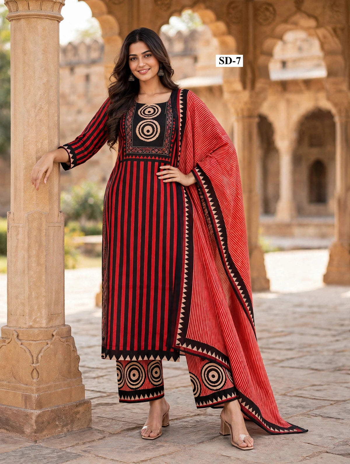 Wholesale SD-7 Red Black Stripe Circle 3 Pcs Suit - Semi Muslin | The Wardrobe Fabrics