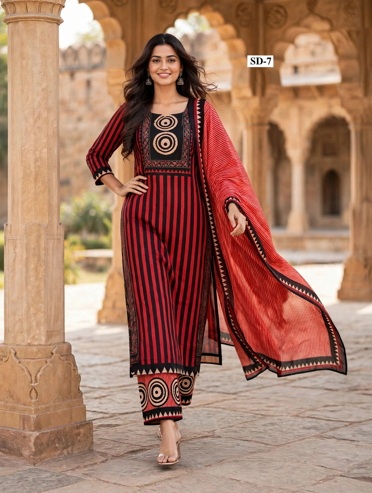 Wholesale SD-7 Red Black Stripe Circle 3 Pcs Suit - Alternate Pose | The Wardrobe Fabrics
