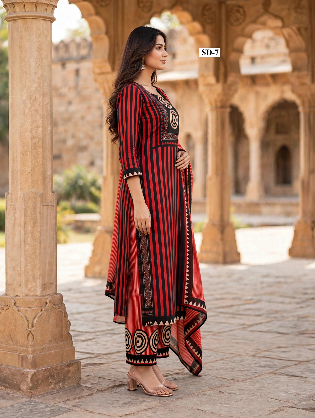 Wholesale SD-7 Red Black Stripe Circle 3 Pcs Suit - Side View | The Wardrobe Fabrics