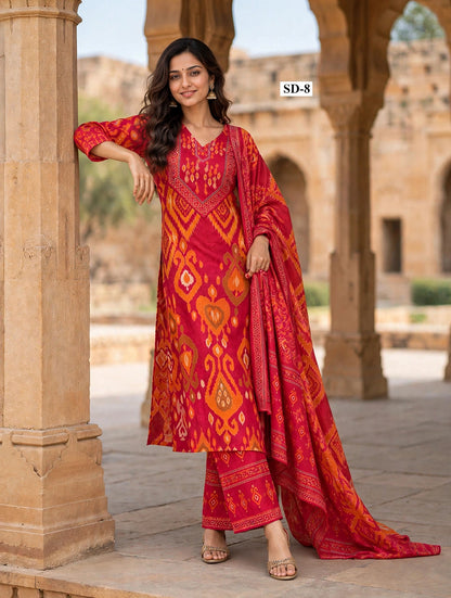 Wholesale SD-8 Crimson Gold Ikat 3 Pcs Suit - Semi Muslin | The Wardrobe Fabrics