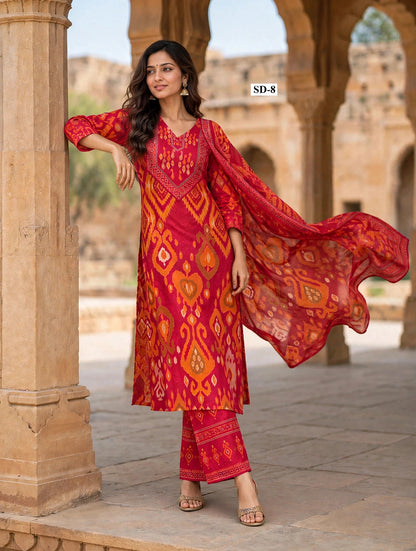 Wholesale SD-8 Crimson Gold Ikat 3 Pcs Suit - Alternate Pose | The Wardrobe Fabrics