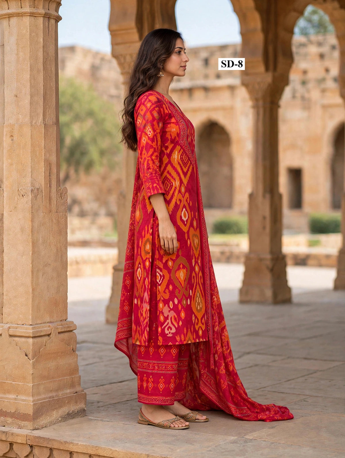 Wholesale SD-8 Crimson Gold Ikat 3 Pcs Suit - Side View | The Wardrobe Fabrics