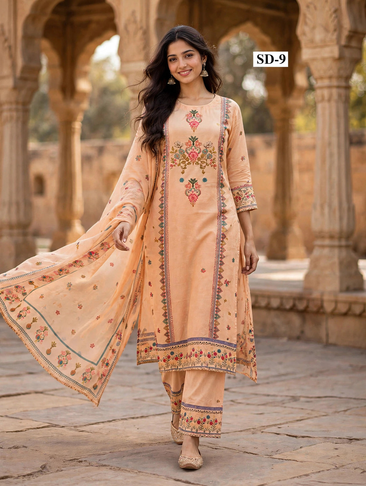Wholesale SD-9 Peach Floral Medallion 3 Pcs Suit - Semi Muslin | The Wardrobe Fabrics