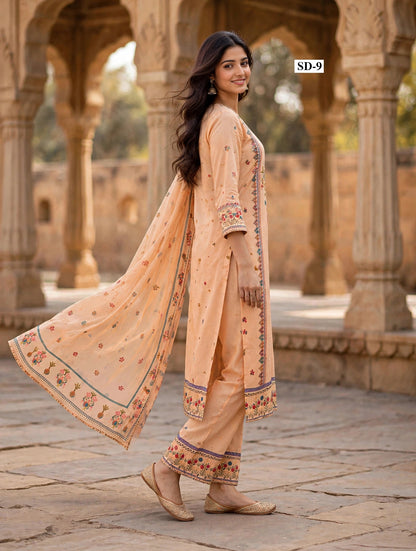 Wholesale SD-9 Peach Floral Medallion 3 Pcs Suit - Alternate Pose | The Wardrobe Fabrics