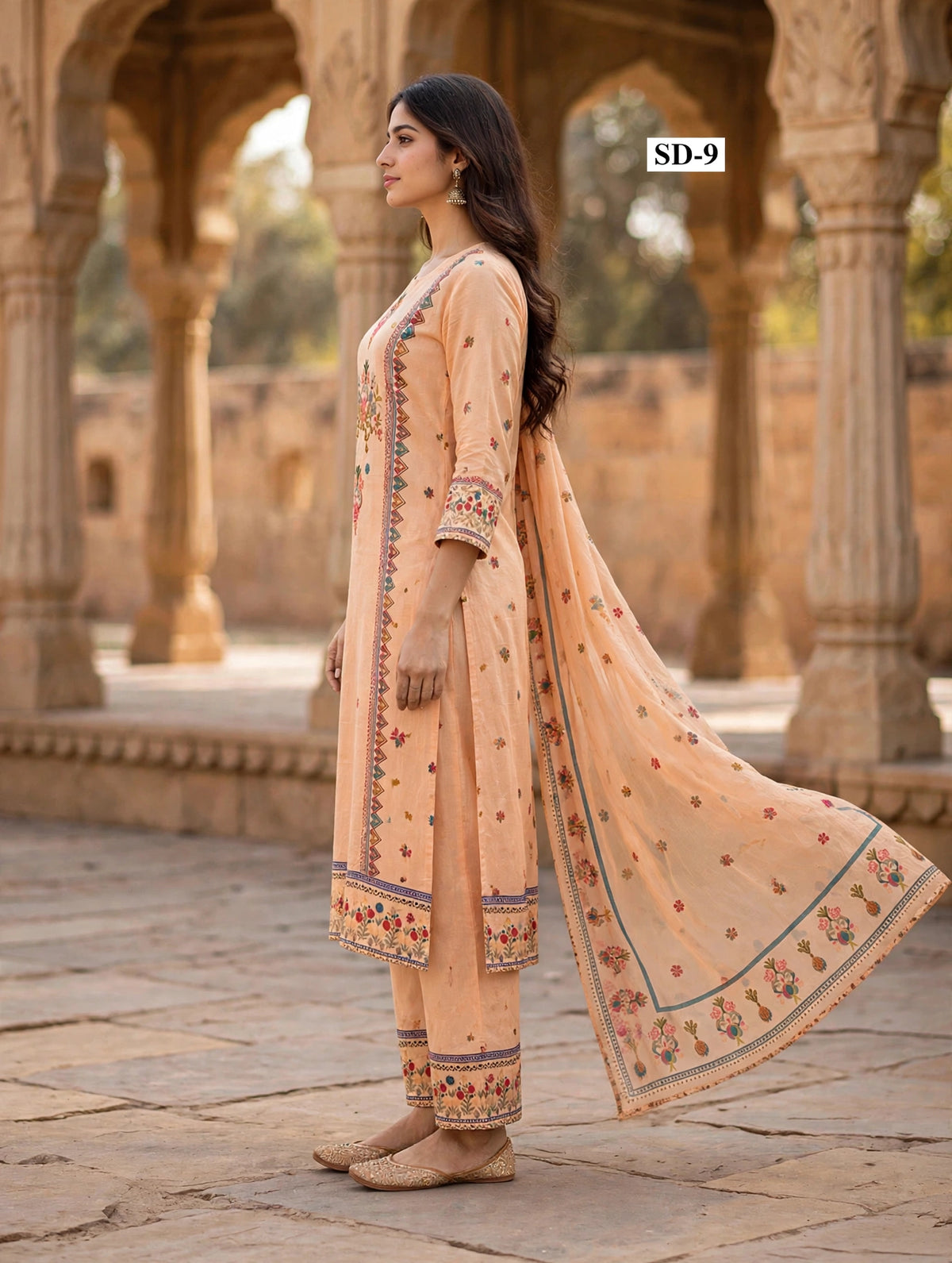 Wholesale SD-9 Peach Floral Medallion 3 Pcs Suit - Side View | The Wardrobe Fabrics
