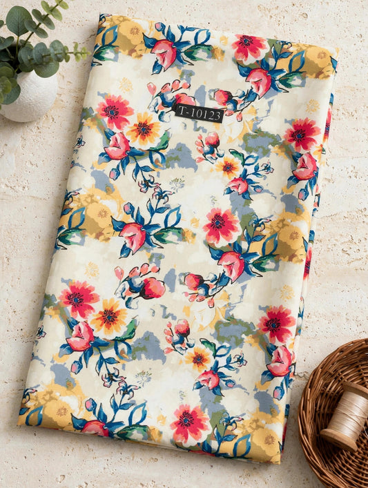 Wholesale T-10123 Cream Watercolor Floral On Georgette Fabric - GEORGETTE | The Wardrobe Fabrics