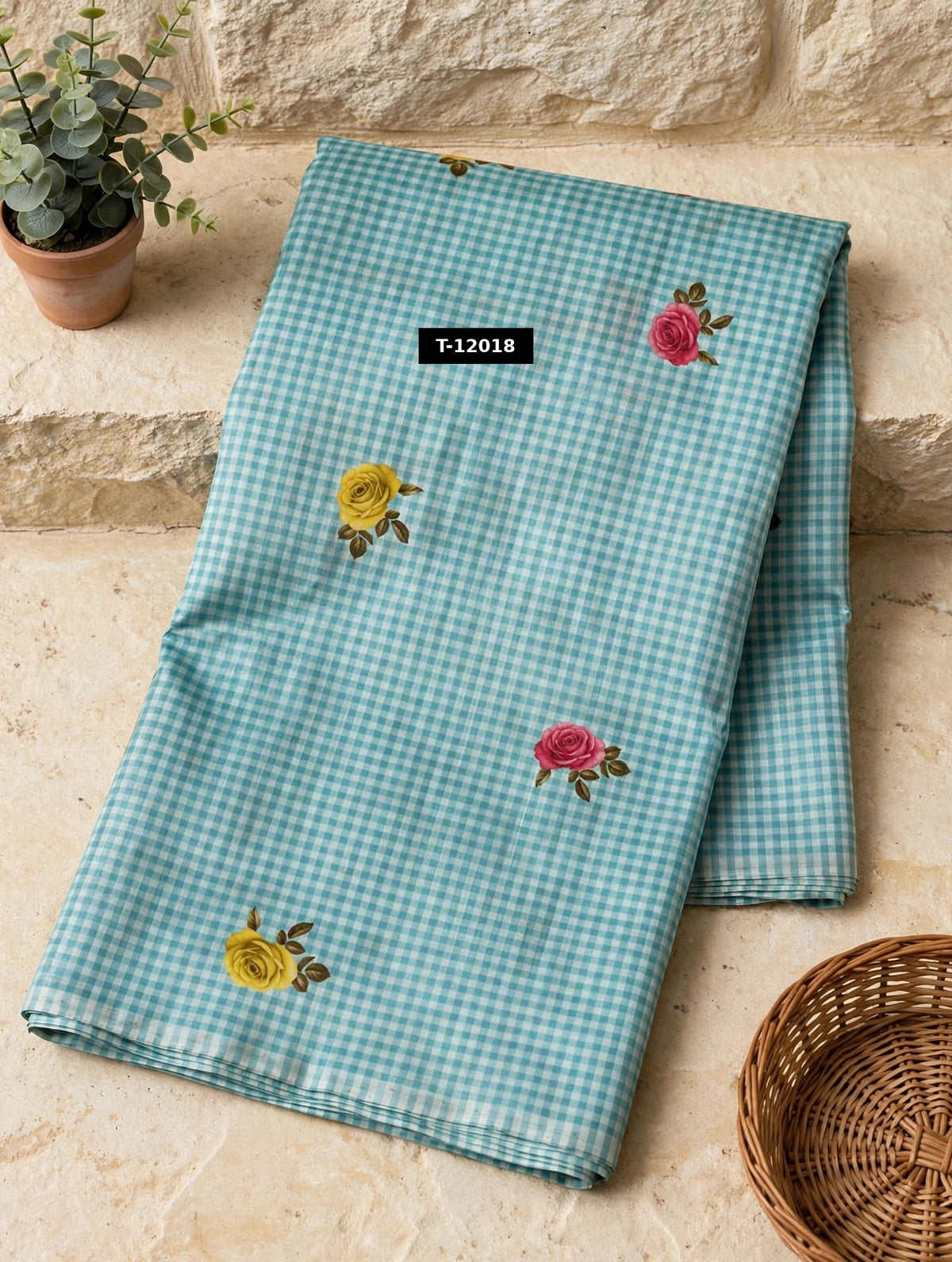 Wholesale T-12018 Rose Gingham Print - CHANDERI | The Wardrobe Fabrics