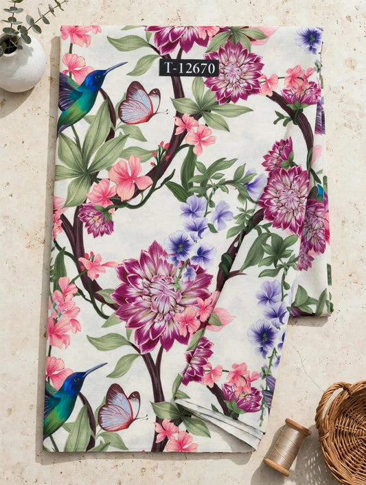 Wholesale T-12670 Hummingbird Botanical On Georgette Fabric - GEORGETTE | The Wardrobe Fabrics