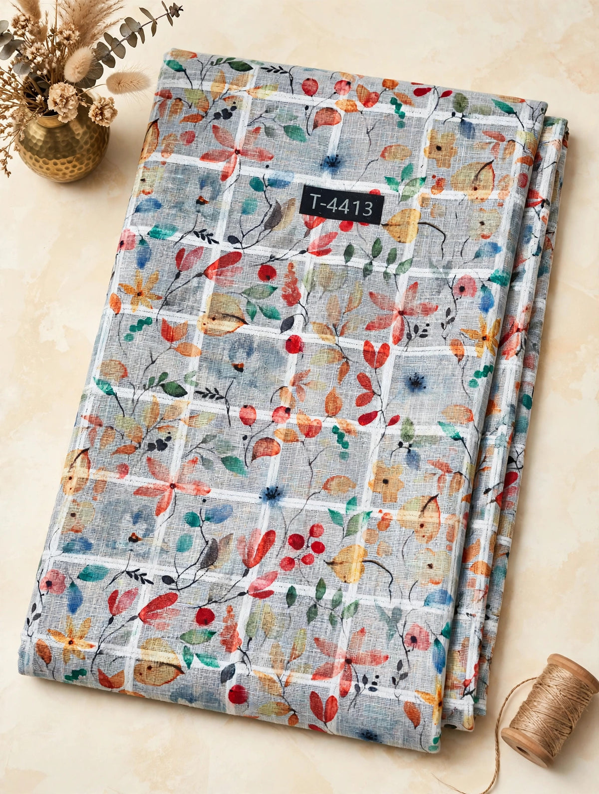 Wholesale T-4413 Linen Checks Floral Print - LINEN | The Wardrobe Fabrics