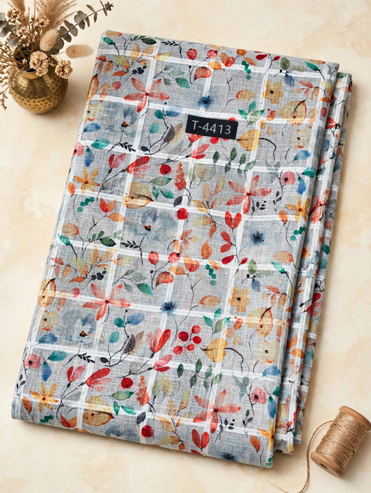 Wholesale T-4413 Linen Checks Floral Print - LINEN | The Wardrobe Fabrics