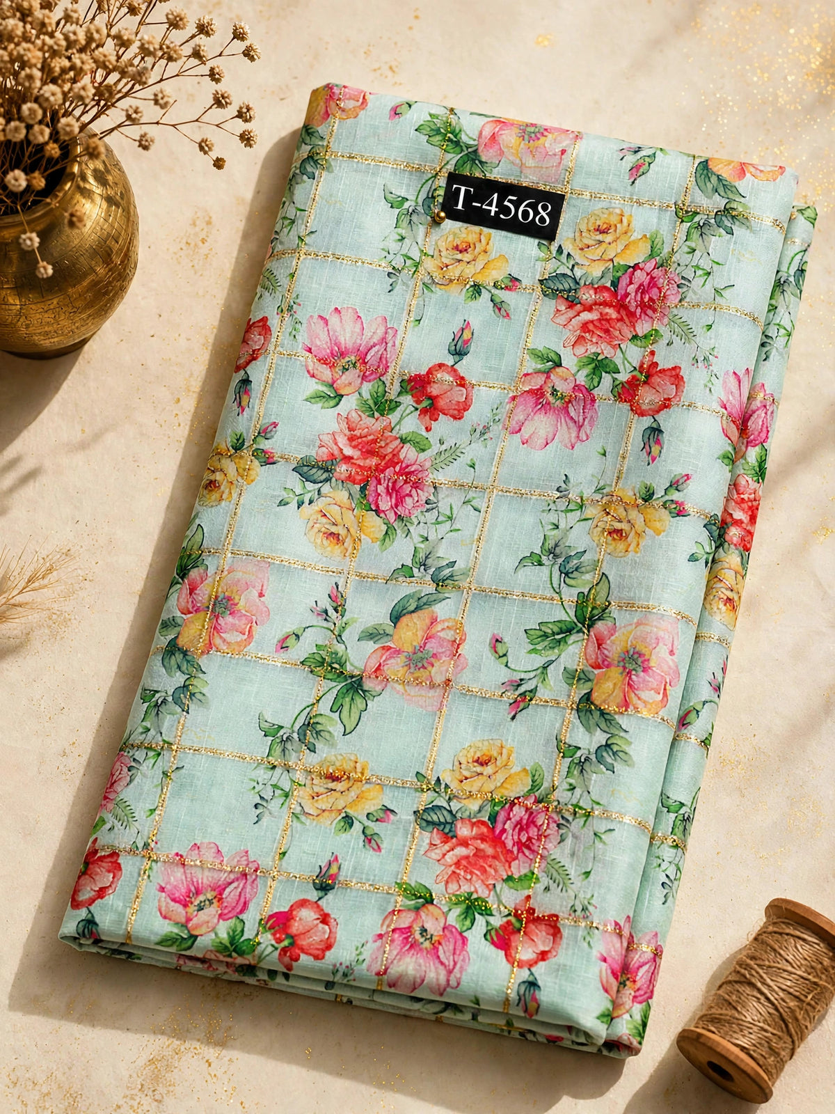 Wholesale T-4568 Silky Print On Linen Checks With Jari - LINEN | The Wardrobe Fabrics