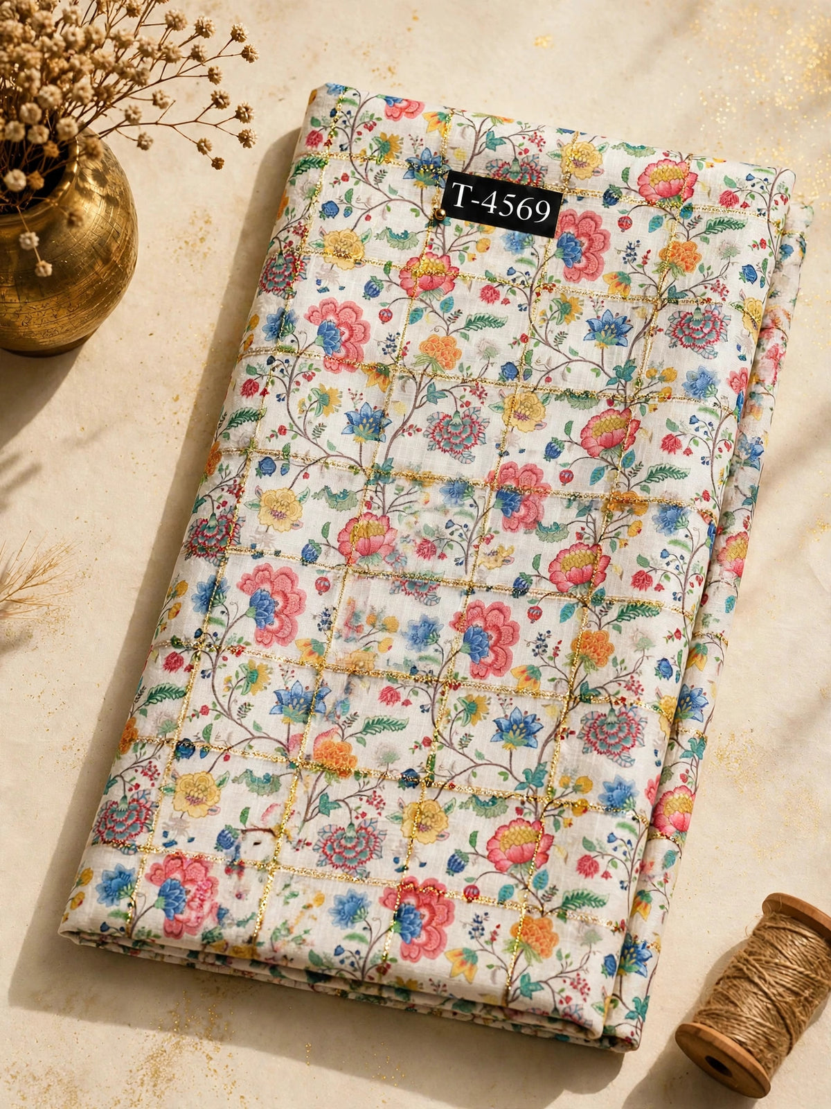 Wholesale T-4569 Silky Print On Linen Checks With Jari - LINEN | The Wardrobe Fabrics
