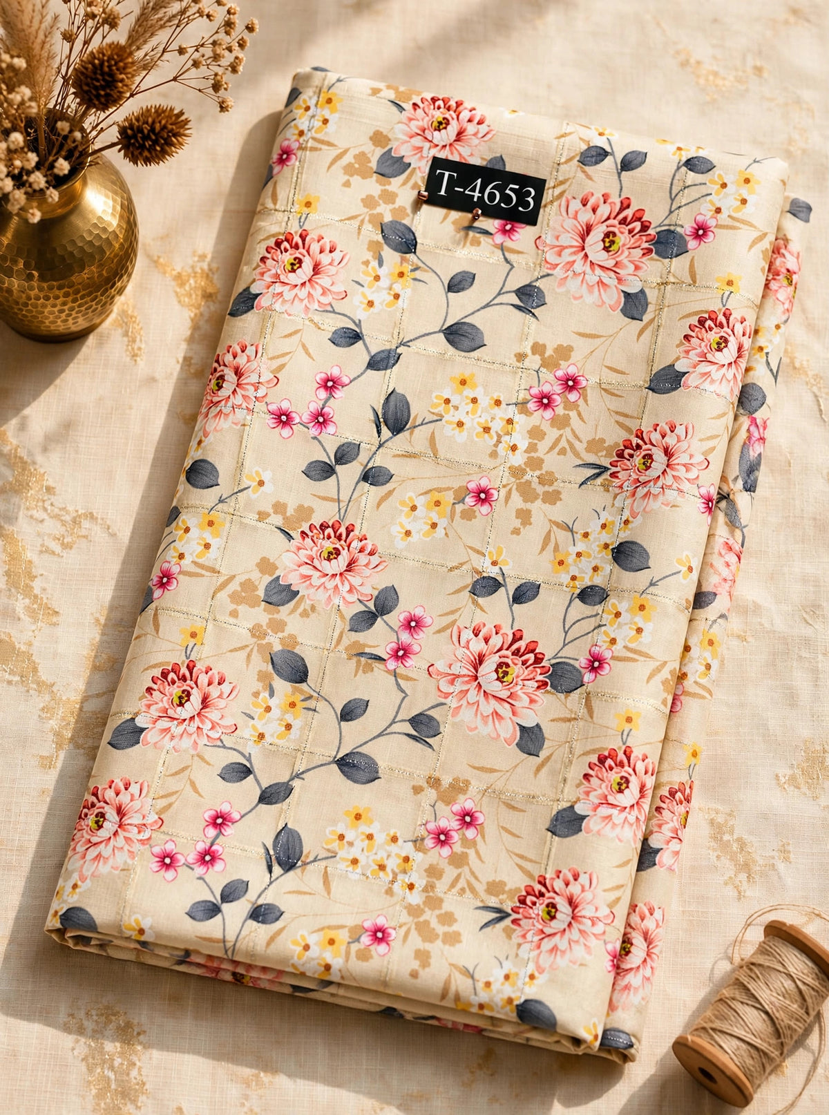 Wholesale T-4653 Linen Checks Floral Print - LINEN | The Wardrobe Fabrics
