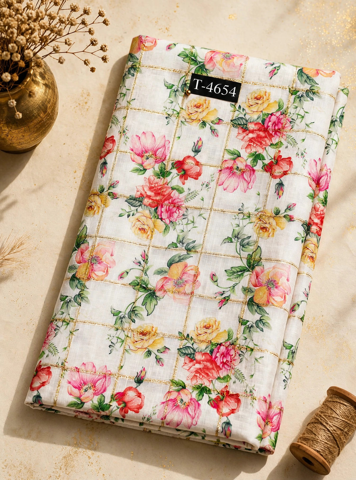 Wholesale T-4654 Linen Checks Floral Print - LINEN | The Wardrobe Fabrics