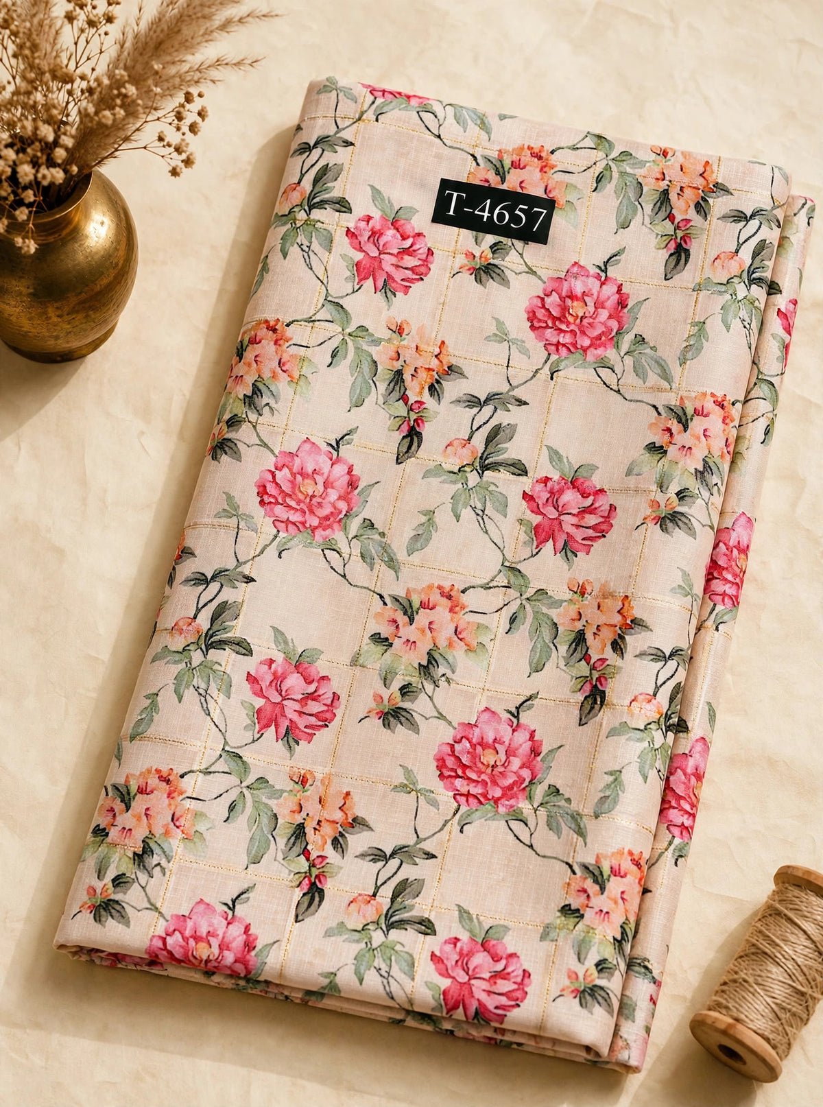 Wholesale T-4657 Linen Checks Floral Print - LINEN | The Wardrobe Fabrics