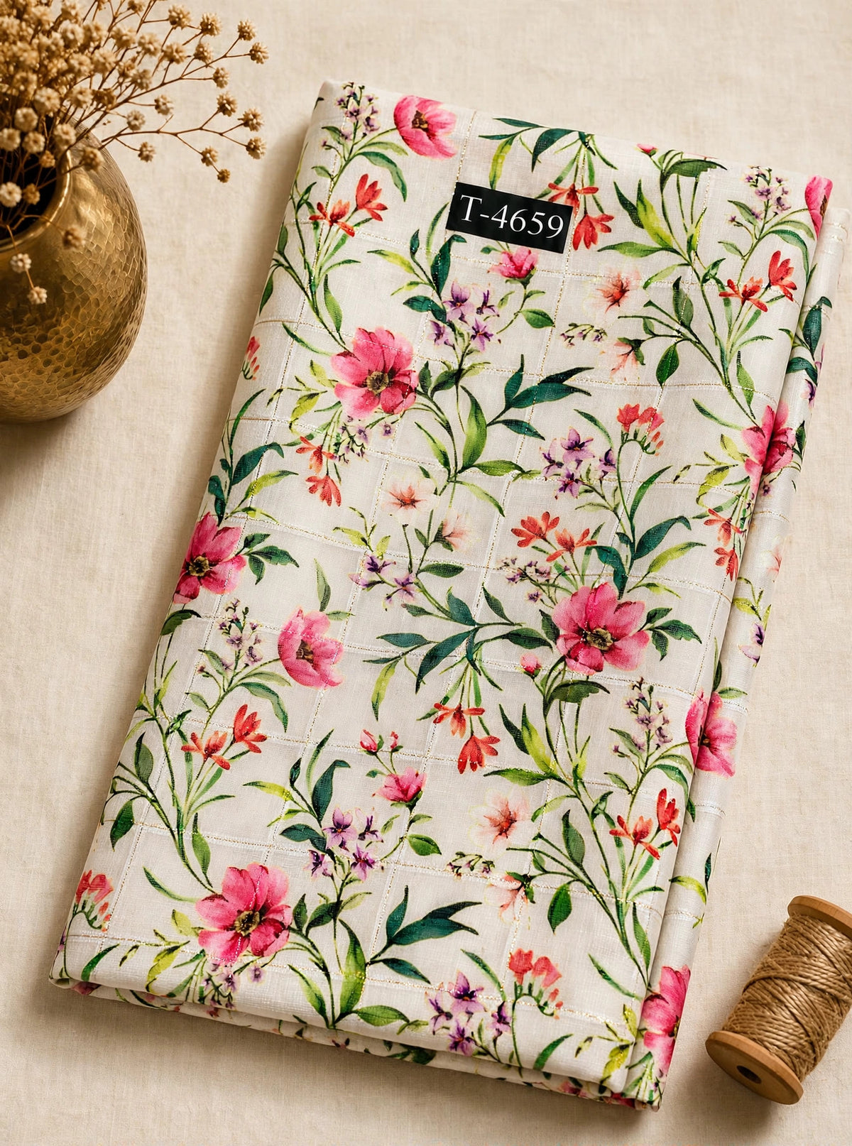 Wholesale T-4659 Linen Checks Floral Print - LINEN | The Wardrobe Fabrics