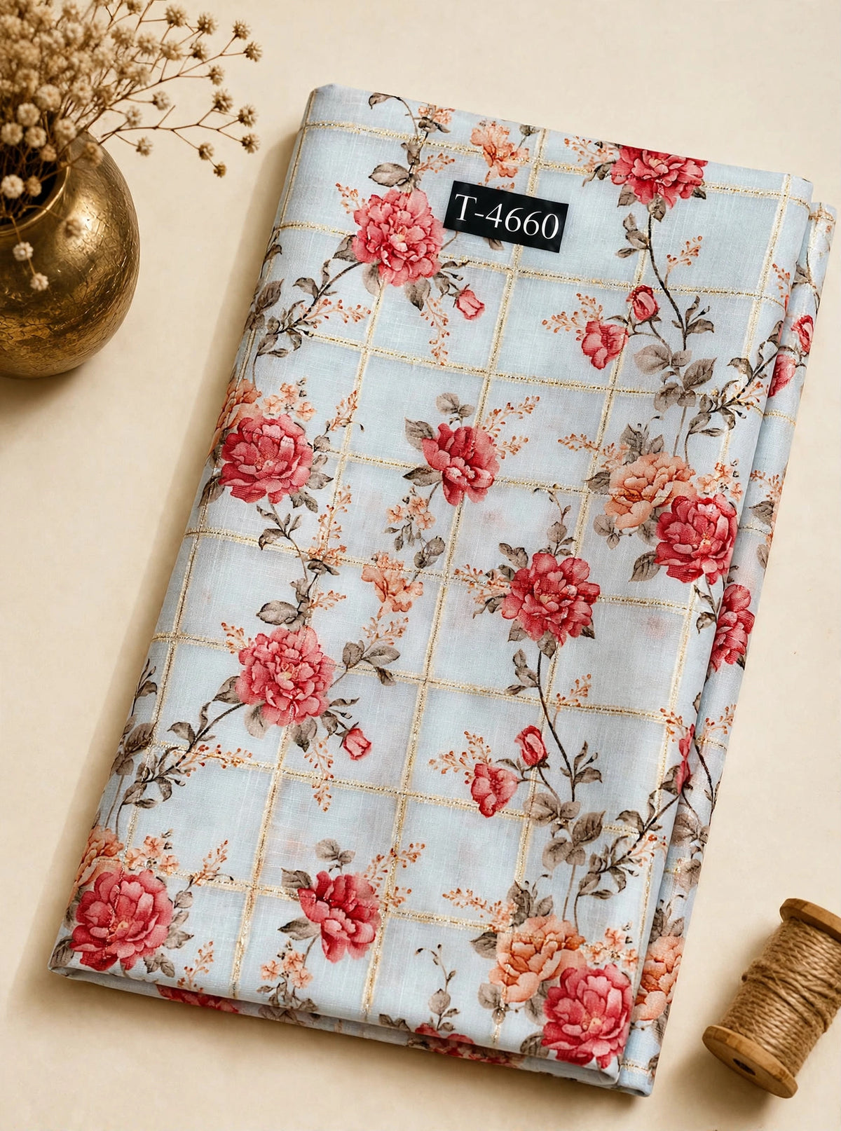 Wholesale T-4660 Linen Checks Floral Print - LINEN | The Wardrobe Fabrics