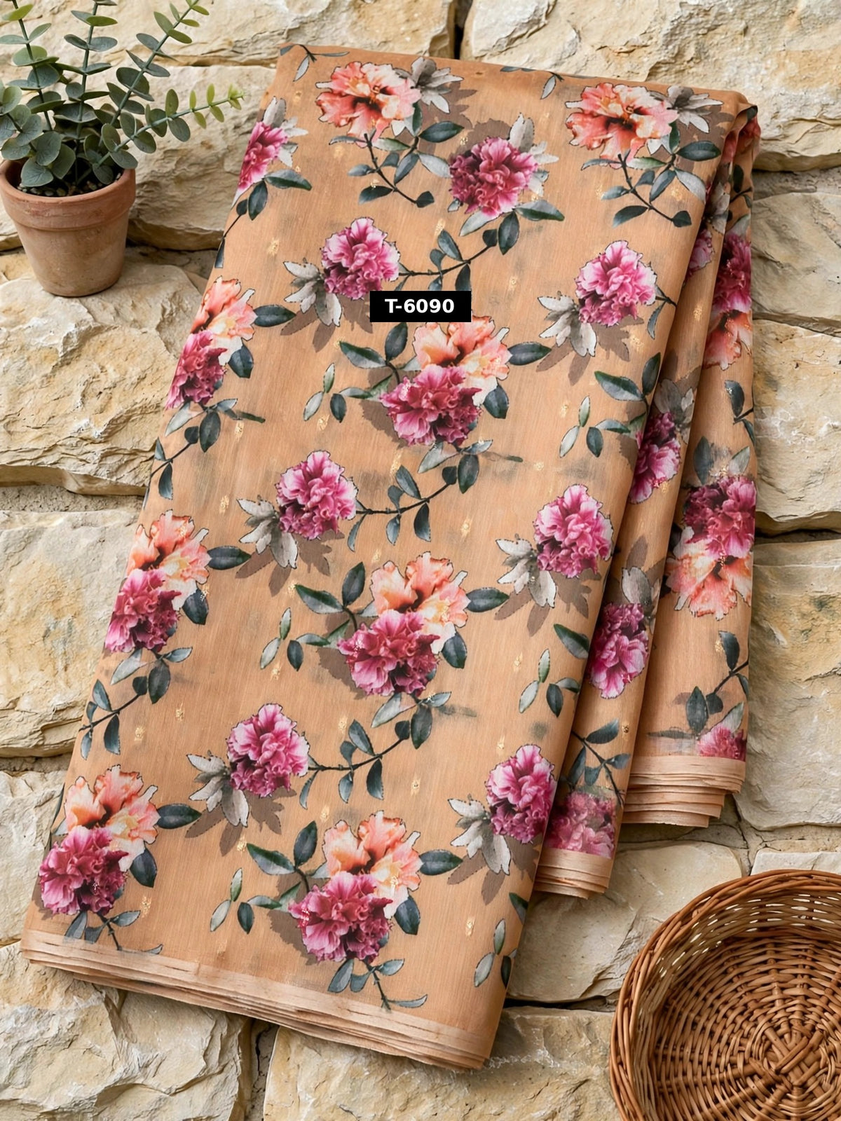 Wholesale T-6090 Floral Print On Chanderi Jari Butti - CHANDERI | The Wardrobe Fabrics