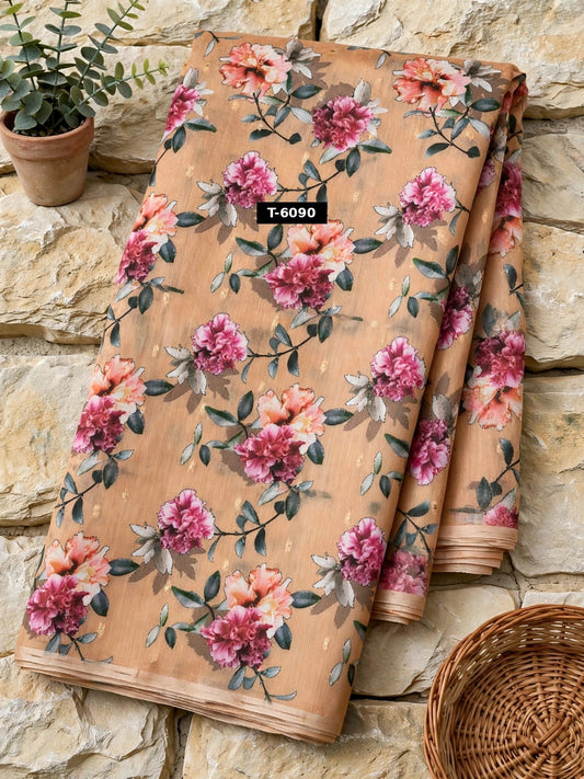 Wholesale T-6090 Floral Print On Chanderi Jari Butti - CHANDERI | The Wardrobe Fabrics