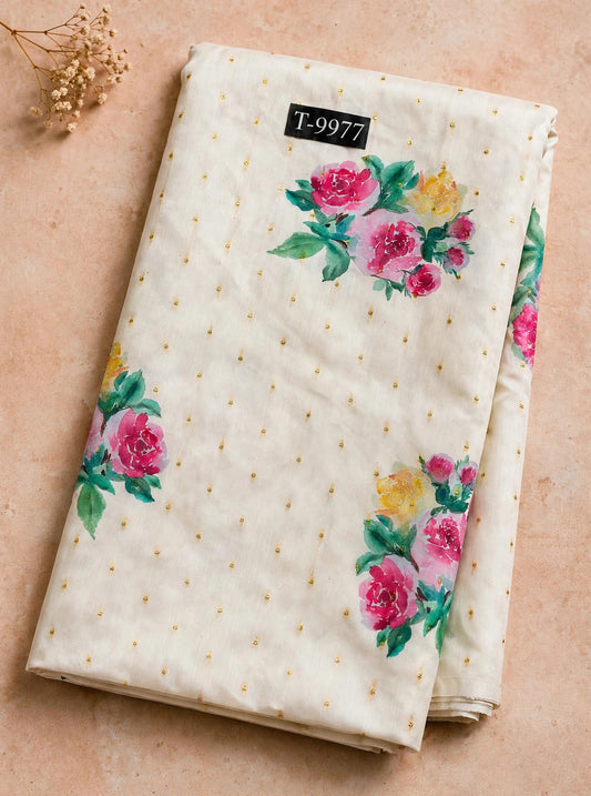 Wholesale T-9977 PASTEL FLORAL PRINTS ON CHANDERI JACQUARD FABRIC - CHANDERI BUTTI | The Wardrobe Fabrics