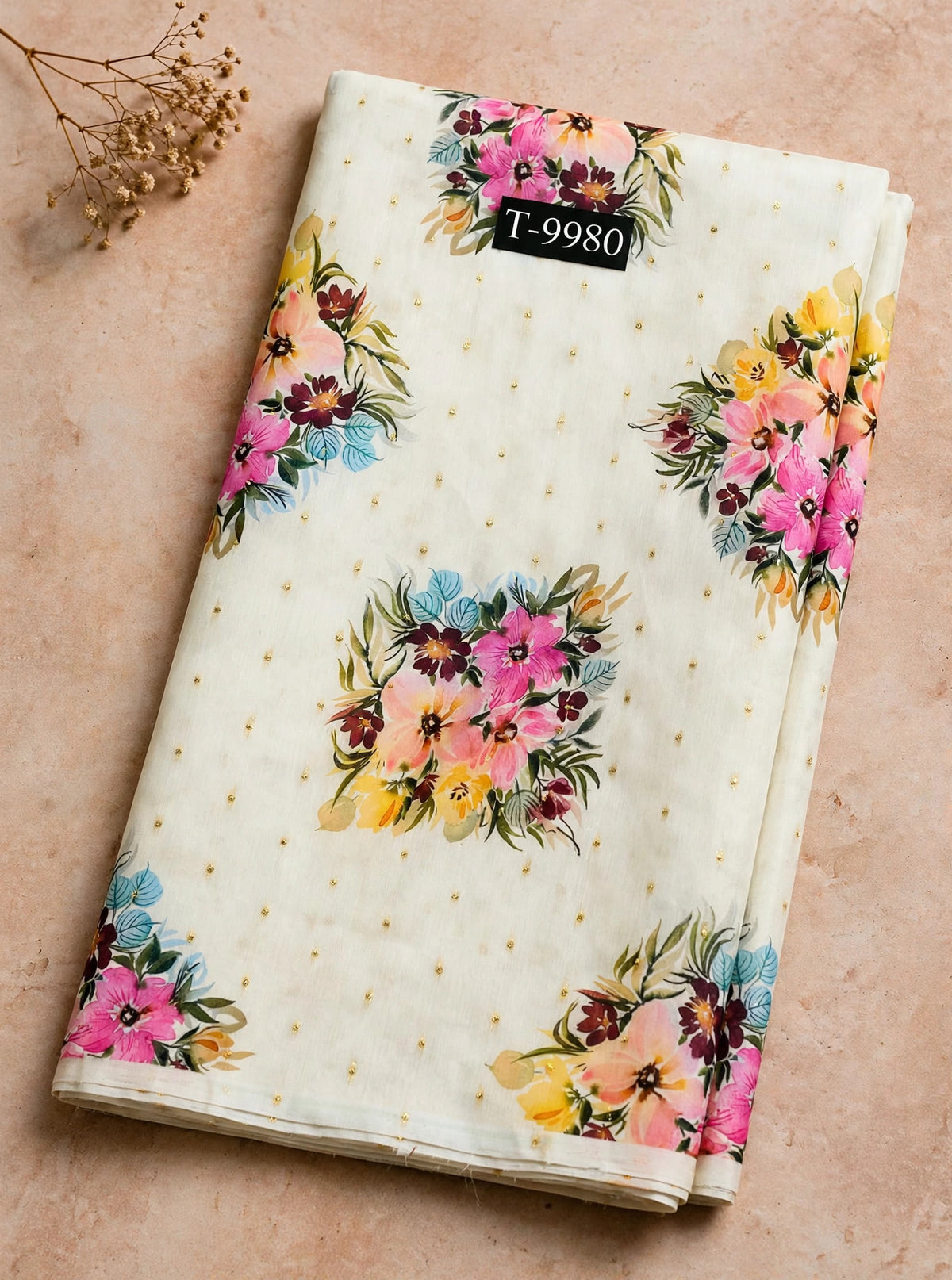 Wholesale T-9980 PASTEL FLORAL PRINTS ON CHANDERI JACQUARD FABRIC - CHANDERI BUTTI | The Wardrobe Fabrics