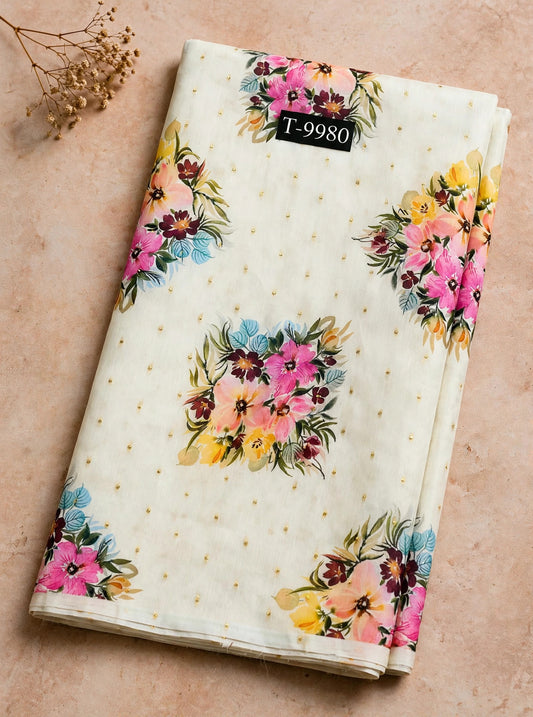 Wholesale T-9980 PASTEL FLORAL PRINTS ON CHANDERI JACQUARD FABRIC - CHANDERI BUTTI | The Wardrobe Fabrics