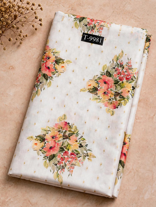 Wholesale T-9981 PASTEL FLORAL PRINTS ON CHANDERI JACQUARD FABRIC - CHANDERI BUTTI | The Wardrobe Fabrics