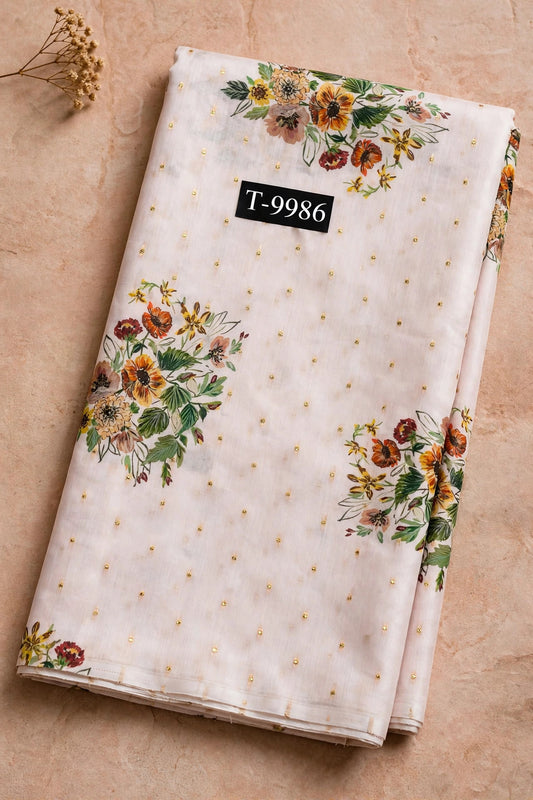 Wholesale T-9986 PASTEL FLORAL PRINTS ON CHANDERI JACQUARD FABRIC - CHANDERI BUTTI | The Wardrobe Fabrics