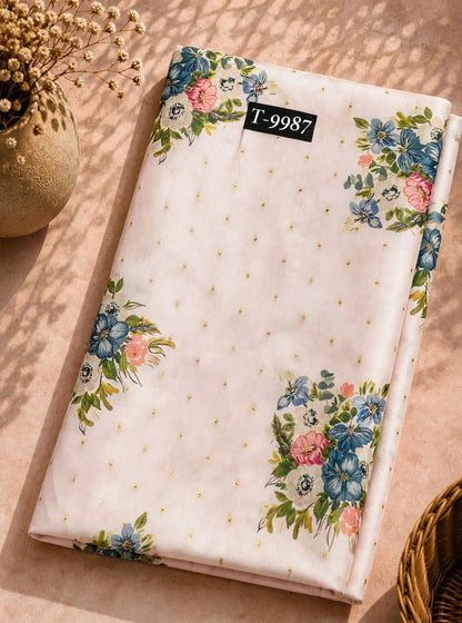 Wholesale T-9987 PASTEL FLORAL PRINTS ON CHANDERI JACQUARD FABRIC - CHANDERI BUTTI | The Wardrobe Fabrics