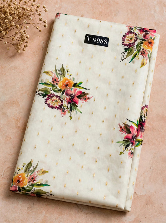 Wholesale T-9988 PASTEL FLORAL PRINTS ON CHANDERI JACQUARD FABRIC - CHANDERI BUTTI | The Wardrobe Fabrics