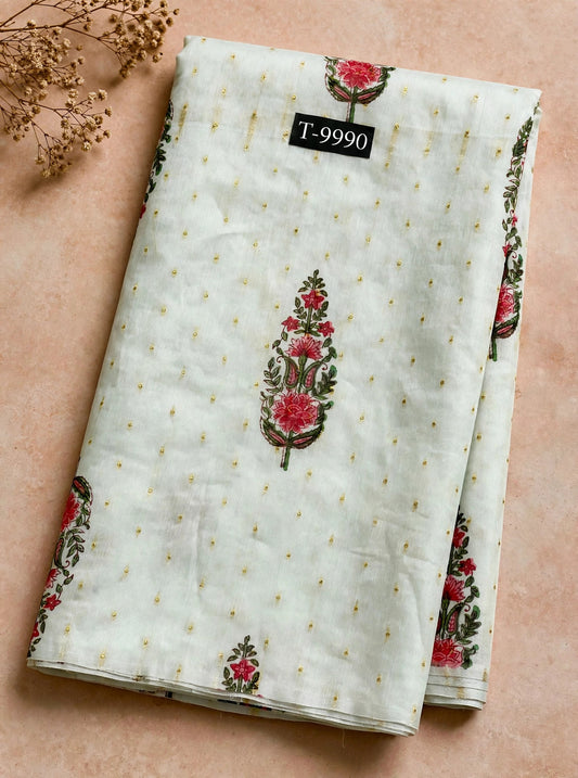 Wholesale T-9990 PASTEL FLORAL PRINTS ON CHANDERI JACQUARD FABRIC - CHANDERI BUTTI | The Wardrobe Fabrics