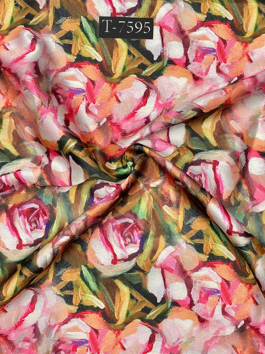 Floral Abstract Print On Shiny Satin