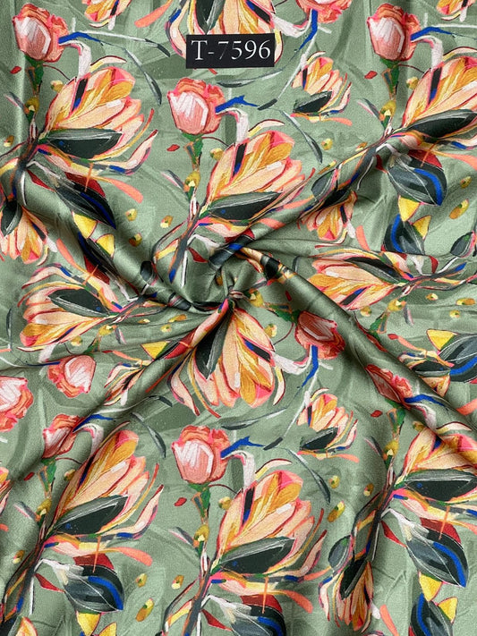 Floral Abstract Print On Shiny Satin