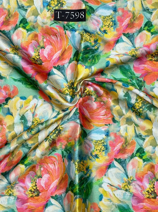 Floral Abstract Print On Shiny Satin