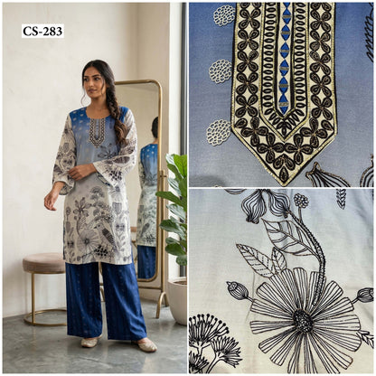 Sky Floral Handwork Cordset-PURE VISCOSE MUSLIN