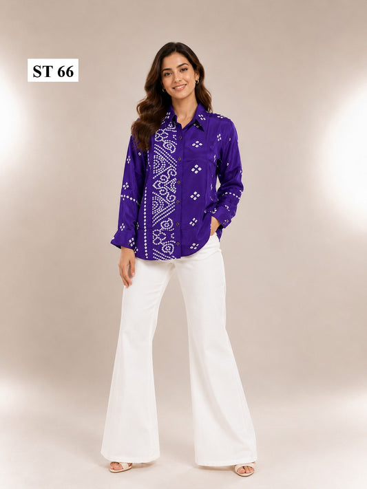 Royal Violet Bandhani Natural Crepe Shirt