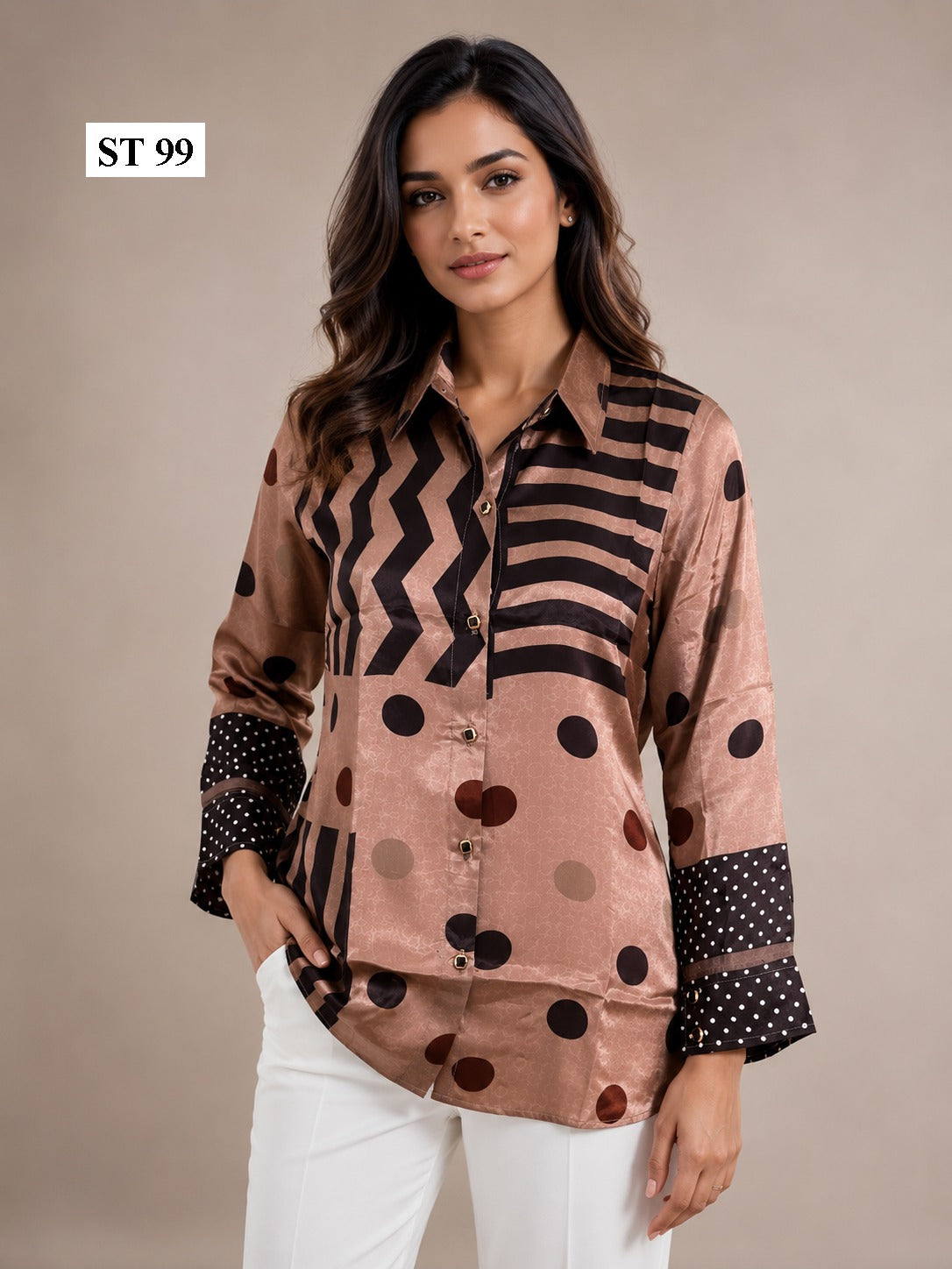 Mocha Polka Luxe Natural Crepe Shirt