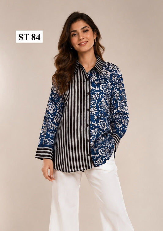 Navy Floral Stripe Natural Crepe Shirt