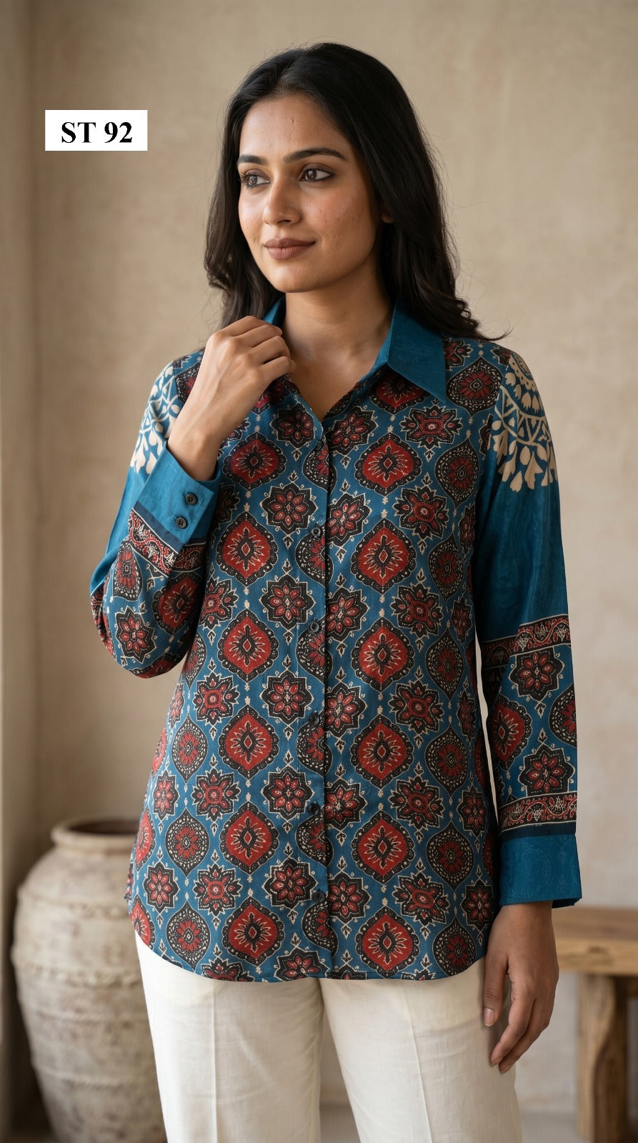Azure Heritage Motif Natural Crepe Shirt