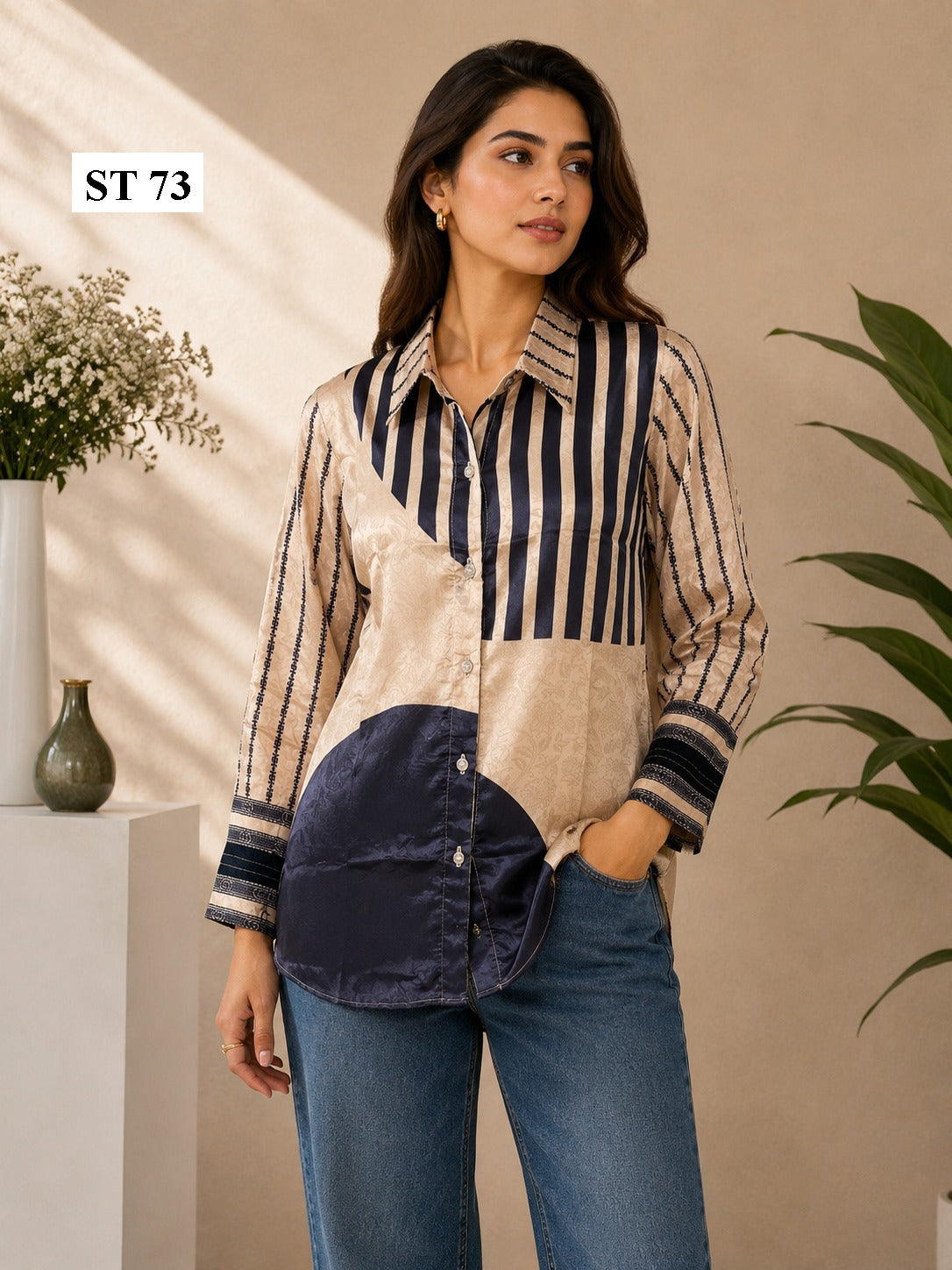 Ivory Navy Fusion Natural Crepe Shirt