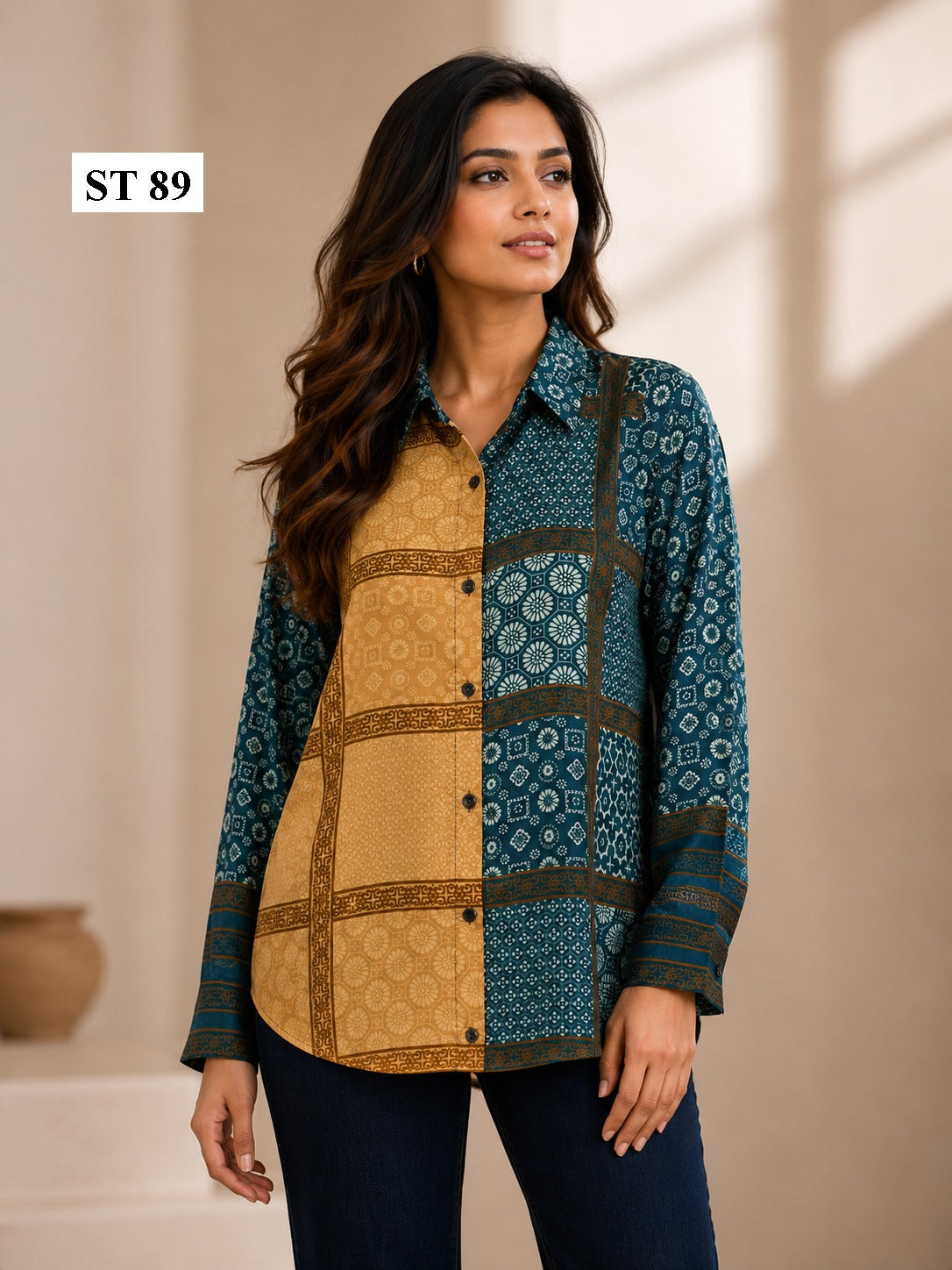 Teal Heritage Patchwork Natural Crepe Shirt