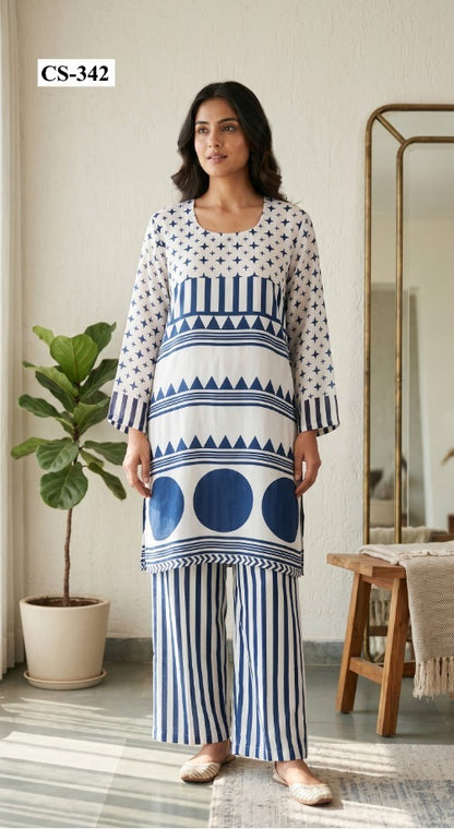 Indigo Geometry Cord Set- Japanese crepe
