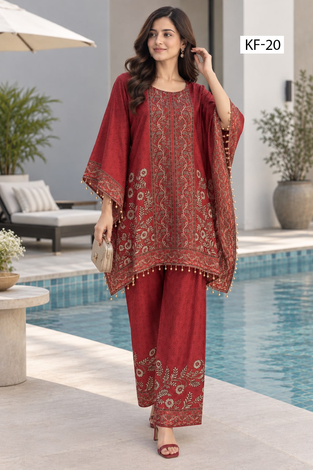 Crimson Paisley Kaftan Set- Japanese crepe
