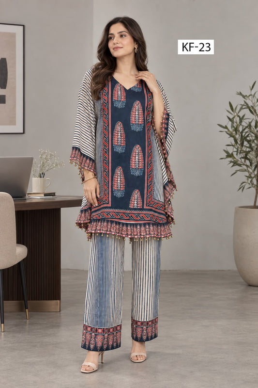 Navy Feather Kaftan Set- Japanese crepe