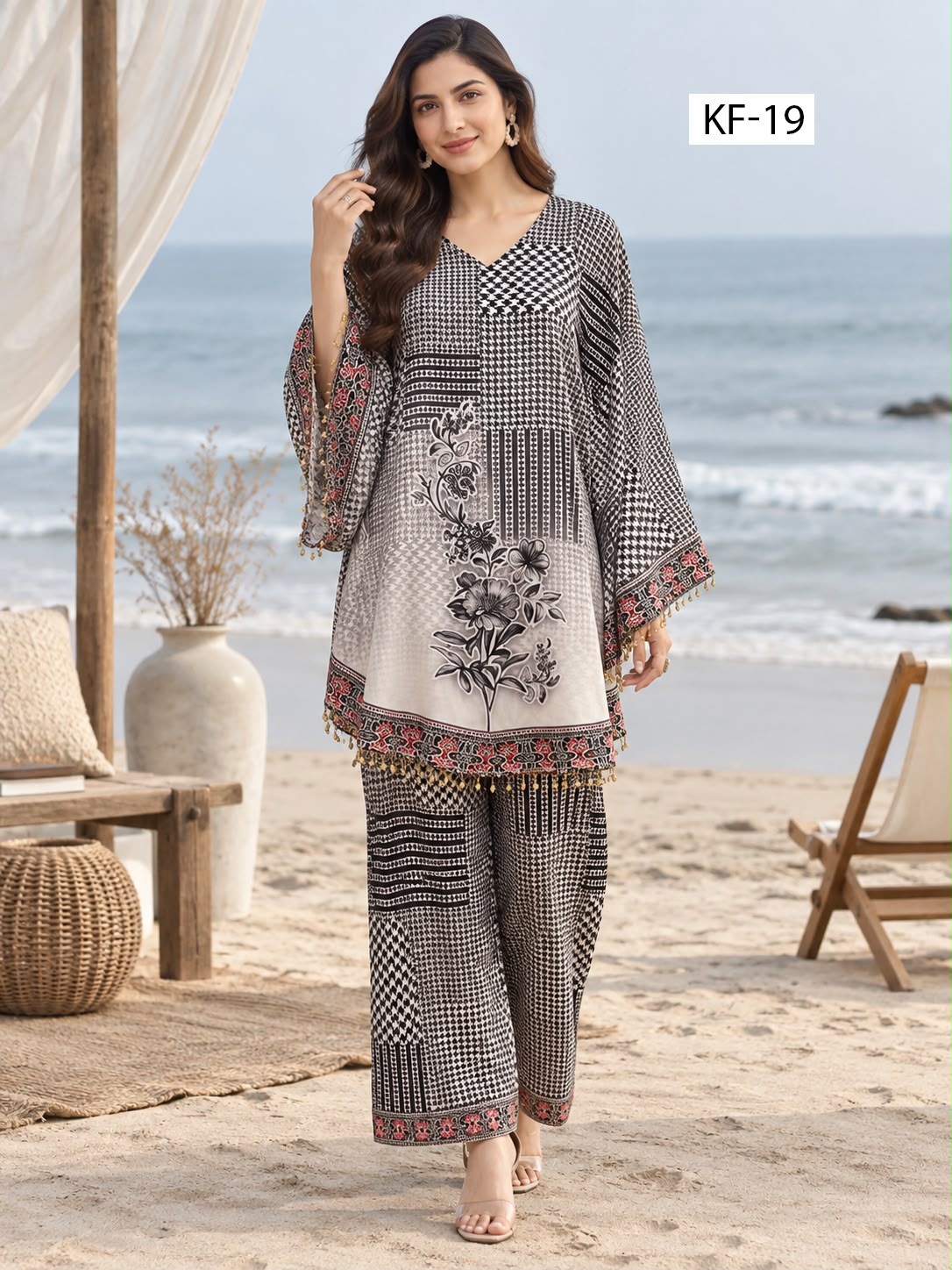 Monochrome Art Kaftan Set- Japanese crepe